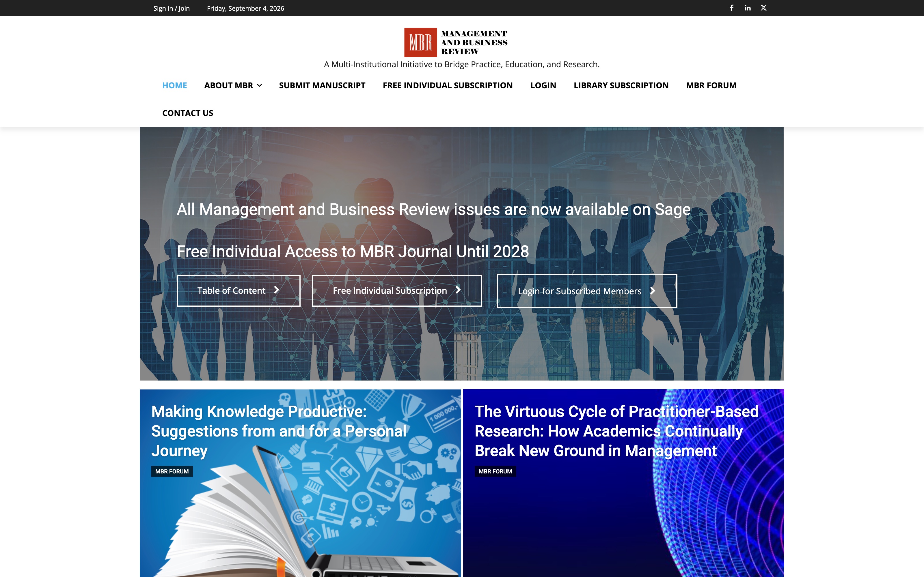 Screenshot of the MBR Journal website homepage